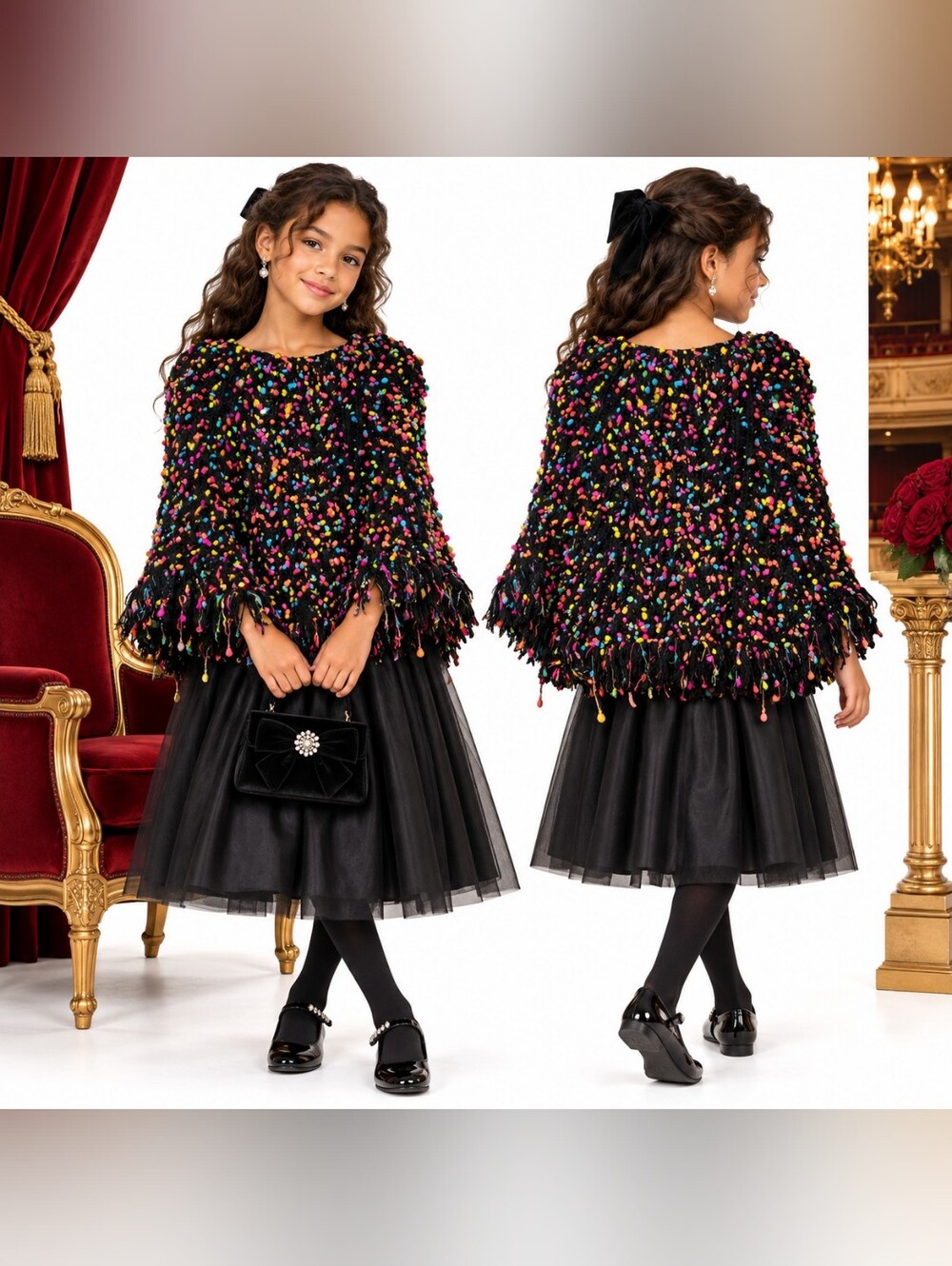 NWT Betsey Johnson Girls Black Multicolor Confetti Knit Fringe Cape Poncho L XL